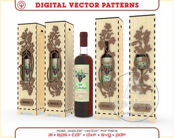 Wine box laser cut vector file, Wine bottle holder, Wine box laser ready SVG file, Plywood wine box, Wooden line box, Bottle stand, Ver.2