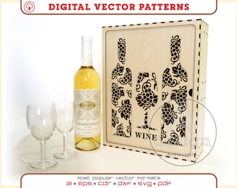 Laser Cut Wine Box for Two Bottles and Two Glasses Vector File Holder