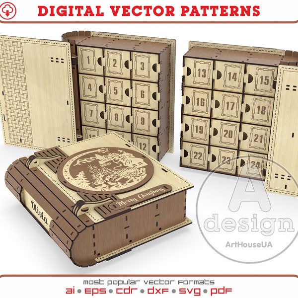 Fichier vectoriel découpé au laser du calendrier de l’Avent, Calendrier de l’Avent de Noël, Calendrier de l’Avent de Noël 24 tiroirs, Décoration de Noël, Ver.15