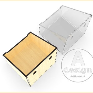 May include: A wooden box with a black trim and a clear acrylic lid. The box has two small holes on the side. The lid is slightly ajar.