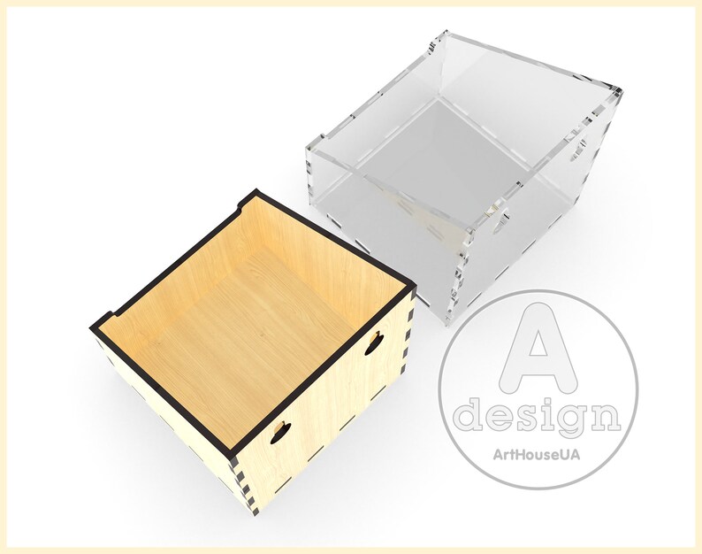 May include: A wooden box with a black trim and a clear acrylic lid. The box has two small holes on the side. The lid is slightly ajar.
