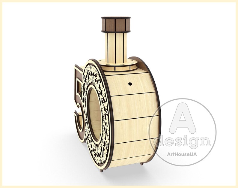 May include: A wooden 50th anniversary cake topper shaped like a train engine with a brown chimney and a decorative design on the side. The train engine is made of wood and has a natural wood finish.