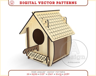 Houten vogelhuisje lasergesneden SVG, digitaal vogelhuisje vectorbestand