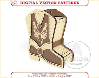 Caja de regalo con forma de botas vaqueras cortadas con láser (archivo vectorial SVG), caja con forma de botas vaqueras, caja de dulces con forma de botas vaqueras, caja de botas del oeste, caja de botas de rodeo. Versión 86.