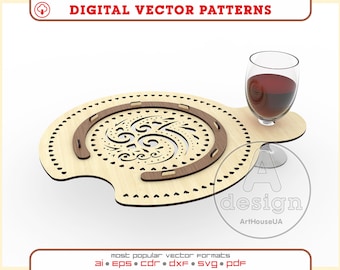 Bandeja para servir copas de vino cortada con láser, archivo vectorial, plantilla de soporte de regalo de madera para vino