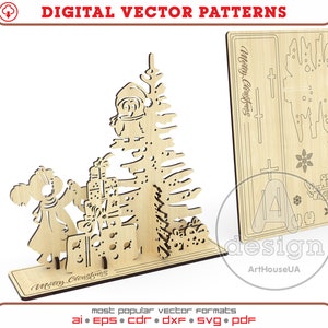 Kerstkaart 3D Puzzels laser gesneden vector bestand. Kerstgroeten vector, kerstsouvenirkaart Glowforge SVG, kerstversiering PDF
