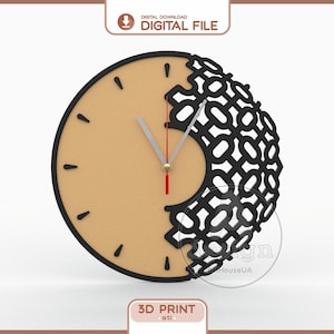 May include: A circular wall clock featuring a tan face with black hour markers and a black frame. The right side of the clock displays an intricate black geometric lattice pattern. It includes silver hour and minute hands and a red second hand.