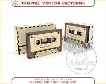 May include: A wooden cassette tape case with a clear plastic case. The cassette tape is brown with a white label that says "Music Song Code".