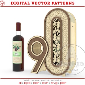 Archivo vectorial cortado con láser para caja de vino de regalo de 90.° aniversario, vector de caja de regalo de 90.° cumpleaños, vector de decoraciones de 90.° cumpleaños, porta vino Ver.100