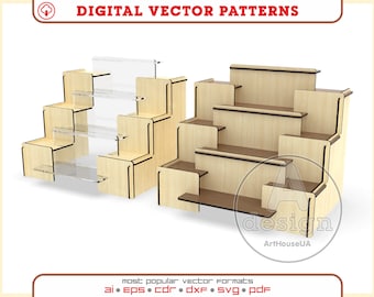Tiered Display Stand SVG Laser Cut File, 3 Size Retail Shelf Craft Booth Organizer