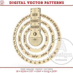 Perpetual calendar with phases of the moon laser cut vector plan and glowforge SVG files, Wall perpetual calendar, Plywood calendar, PC-v24
