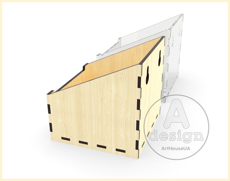 May include: A wooden organizer with a slanted design and black accents. The organizer has two holes on the side. The organizer is made of wood with a light wood grain. The organizer is sitting on a white surface. A design logo is visible in the bottom right corner of the image.