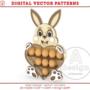 Soporte de huevo de estante de Pascua, archivo digital de conejito de Pascua, soporte de huevo de conejito de decoración de Pascua, bandeja de huevos de Pascua, archivo Glowforge de conejito de Pascua, Dxf, Svg, Cnc