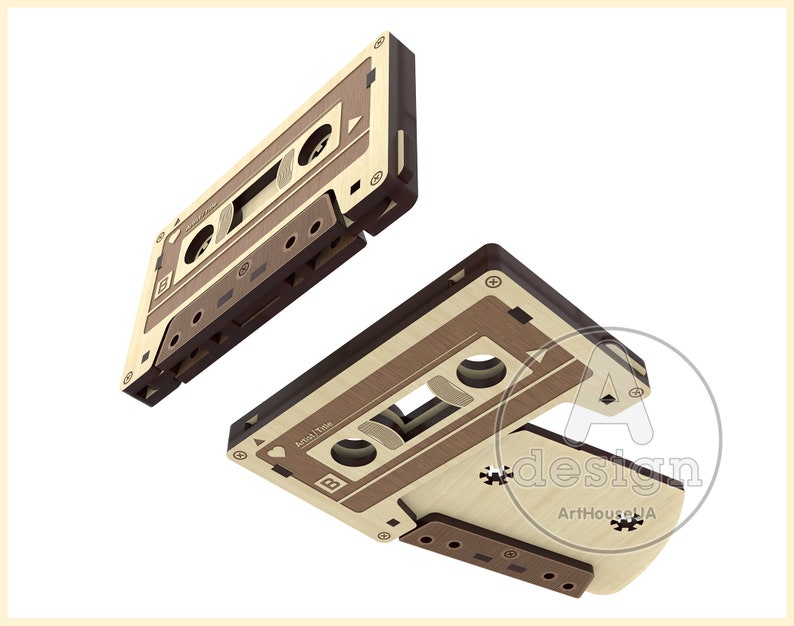 May include: Two wooden cassette tapes with a brown and beige color scheme. The tapes are floating in mid-air. The text "Artist | Title" is visible on one of the tapes.