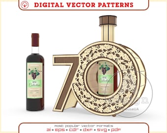 May include: A wooden wine bottle holder shaped like the number 70, with a decorative grapevine design. The holder is designed to hold a standard-sized wine bottle. The bottle holder is a great gift for a 70th birthday or anniversary.