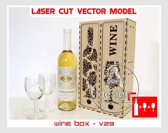 Wine Bottle and Two Glasses Box Laser Cut Vector File Wooden Holder