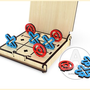 May include: A wooden tic-tac-toe game with a hinged lid. The game board has a grid with red and blue pieces on it. The lid is open and there are extra pieces on the table.