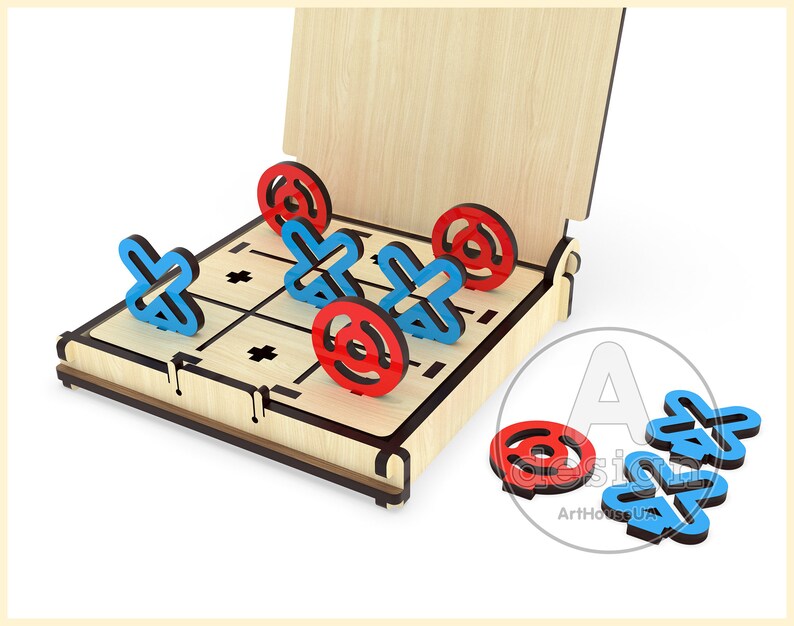 May include: A wooden tic-tac-toe game with a hinged lid. The game board has a grid with red and blue pieces on it. The lid is open and there are extra pieces on the table.