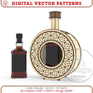 May include: A wooden bottle holder with a decorative, intricate design. The holder is shaped like a bottle and has a round opening at the top. The bottle holder is made of light wood and has a natural finish.