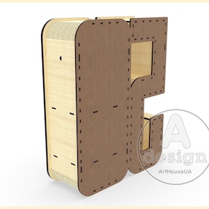 K&ouml;nnte beinhalten: Ein Wandregal aus Holz mit einem einzigartigen Design, das eine Aussparung in Form des Buchstabens "P" aufweist. Das Regal ist aus hellem Holz mit einem Akzent aus dunkelbraunem Holz gefertigt. Das Regal hat ein kleines Loch in der oberen linken Ecke und ein kleines Regal auf der rechten Seite. Das Regal ist mit "A design ArtHouseUA" beschriftet.