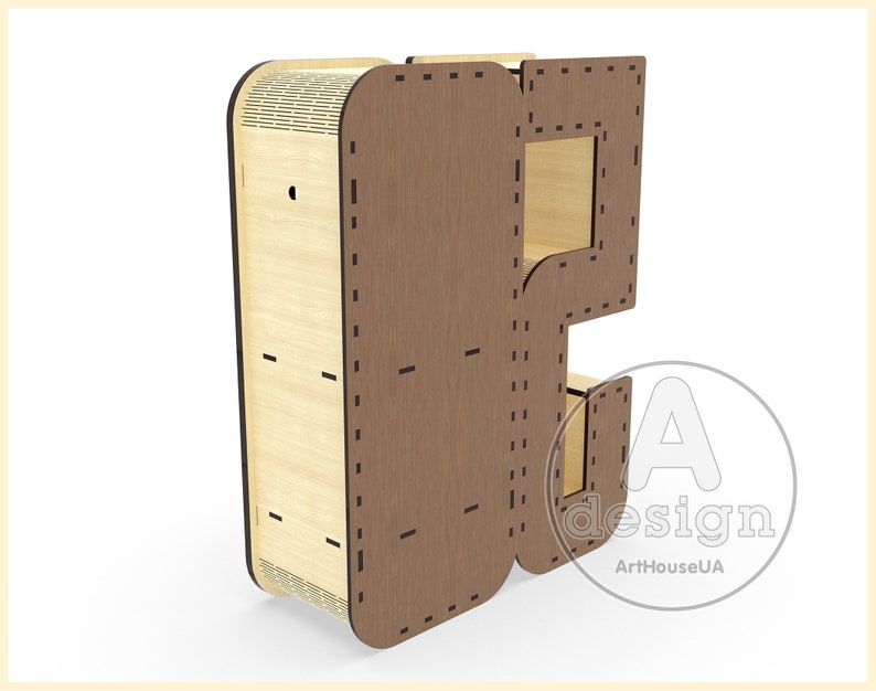 K&ouml;nnte beinhalten: Ein Wandregal aus Holz mit einem einzigartigen Design, das eine Aussparung in Form des Buchstabens "P" aufweist. Das Regal ist aus hellem Holz mit einem Akzent aus dunkelbraunem Holz gefertigt. Das Regal hat ein kleines Loch in der oberen linken Ecke und ein kleines Regal auf der rechten Seite. Das Regal ist mit "A design ArtHouseUA" beschriftet.