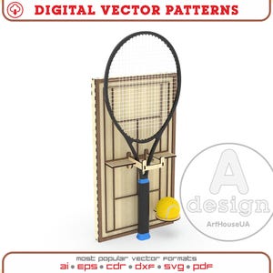 May include: A wooden tennis-themed display featuring a black tennis racket, a yellow tennis ball, and a wooden court backdrop. The display includes the text "DIGITAL VECTOR PATTERNS" and "most popular vector formats". The design is from ArtHouseUA.
