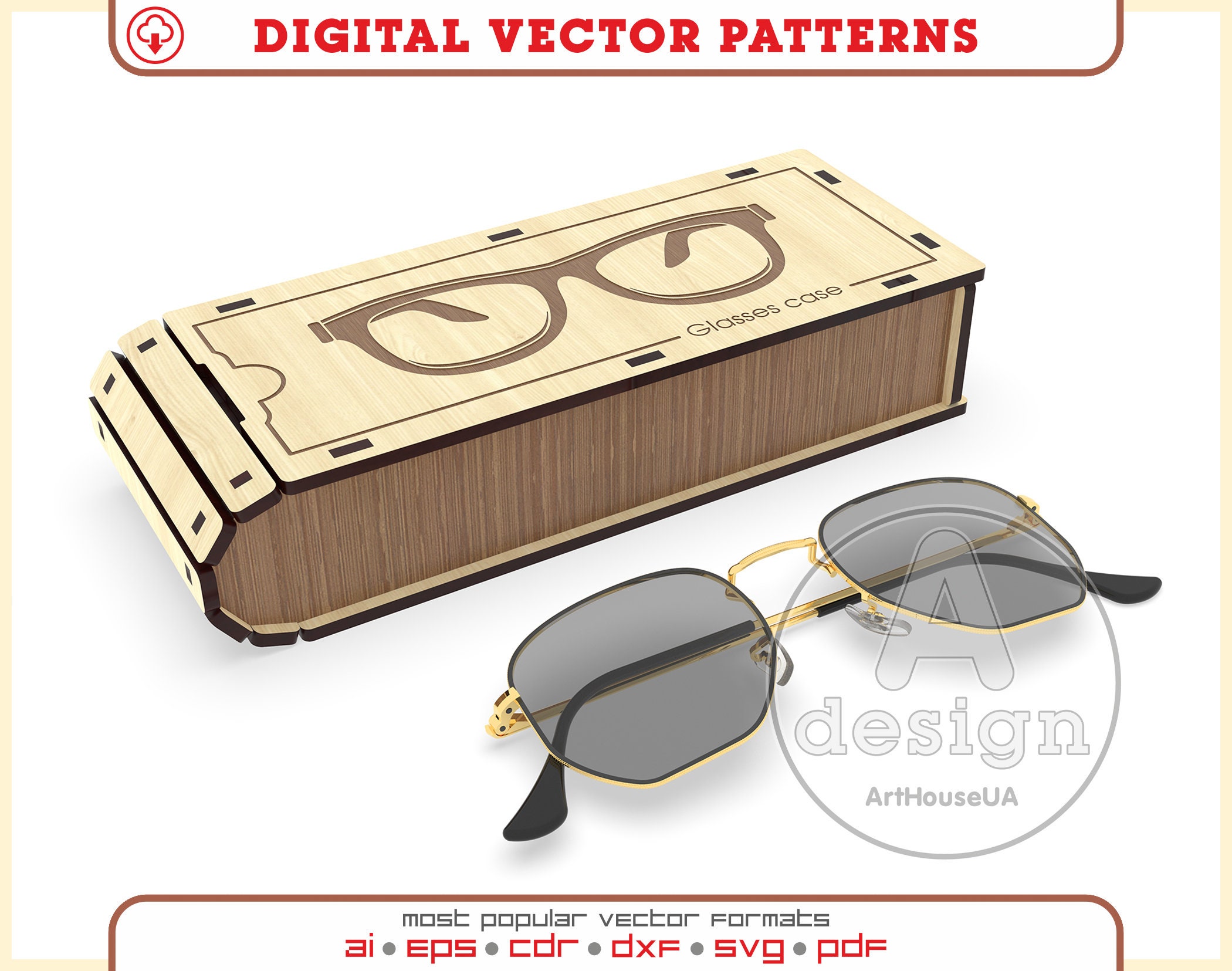 Archivo vectorial de estuche de anteojos Estuche de madera para anteojos de sol Estuche de madera de anteojos para corte por laser DXF Estuche de anteojos Archivos SVG para usuarios de Glowforge
