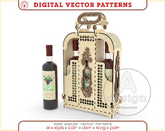 May include: A wooden wine bottle carrier with intricate cutouts and a handle. The carrier is designed to hold three bottles of wine. The carrier is made of light brown wood and has a natural finish.