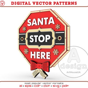 Santa Please Stop Here Kerst teken SVG vector bestand laser cutter en Glowforge gebruiker, Santa Please Stop Here Wand decor, Kerstornament