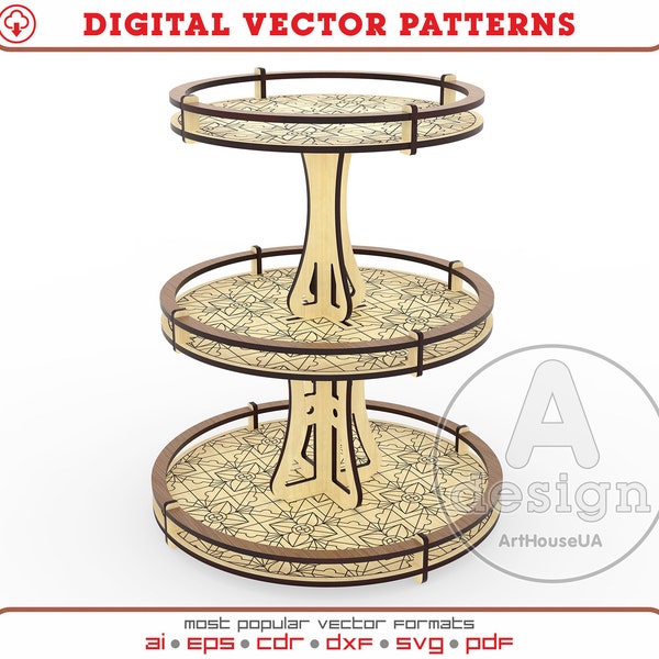 Tiered Tray with engraved plates laser cut vector file DXF, Farmhouse Tray SVG file for Glowforge user, Cupcake and Cake stand vector DXF