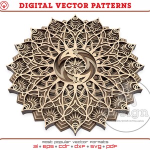 Mandala laser cut vector file DXF, Mandala Scroll Saw file PDF, Multilayer Mandala Glowforge SVG, Mandala for Cricut and Silhouette, MPA023