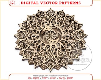 Könnte beinhalten: Ein mehrschichtiges Holz-Mandala mit komplizierten Mustern und einem zentralen kreisförmigen Motiv. Das lasergeschnittene Holz weist verschiedene Braun- und Beigetöne auf, wodurch ein 3D-Effekt entsteht. Der Text "DIGITAL VECTOR PATTERNS" befindet sich oben.