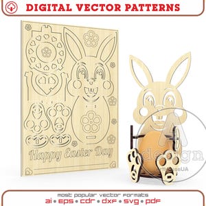 Tarjeta de Pascua 3D Puzzles Bunny, SVG saludos de Pascua, tarjeta de recuerdo láser, soporte para huevos de conejo de Pascua, bandeja para huevos, conejo de Pascua Glowforge láser DXF