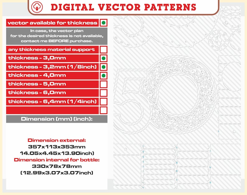 May include: A digital vector pattern design for a 50th anniversary celebration. The design features a decorative circle with a floral pattern and the number 50 in the center. The image includes dimensions for external and internal measurements in inches and millimeters.