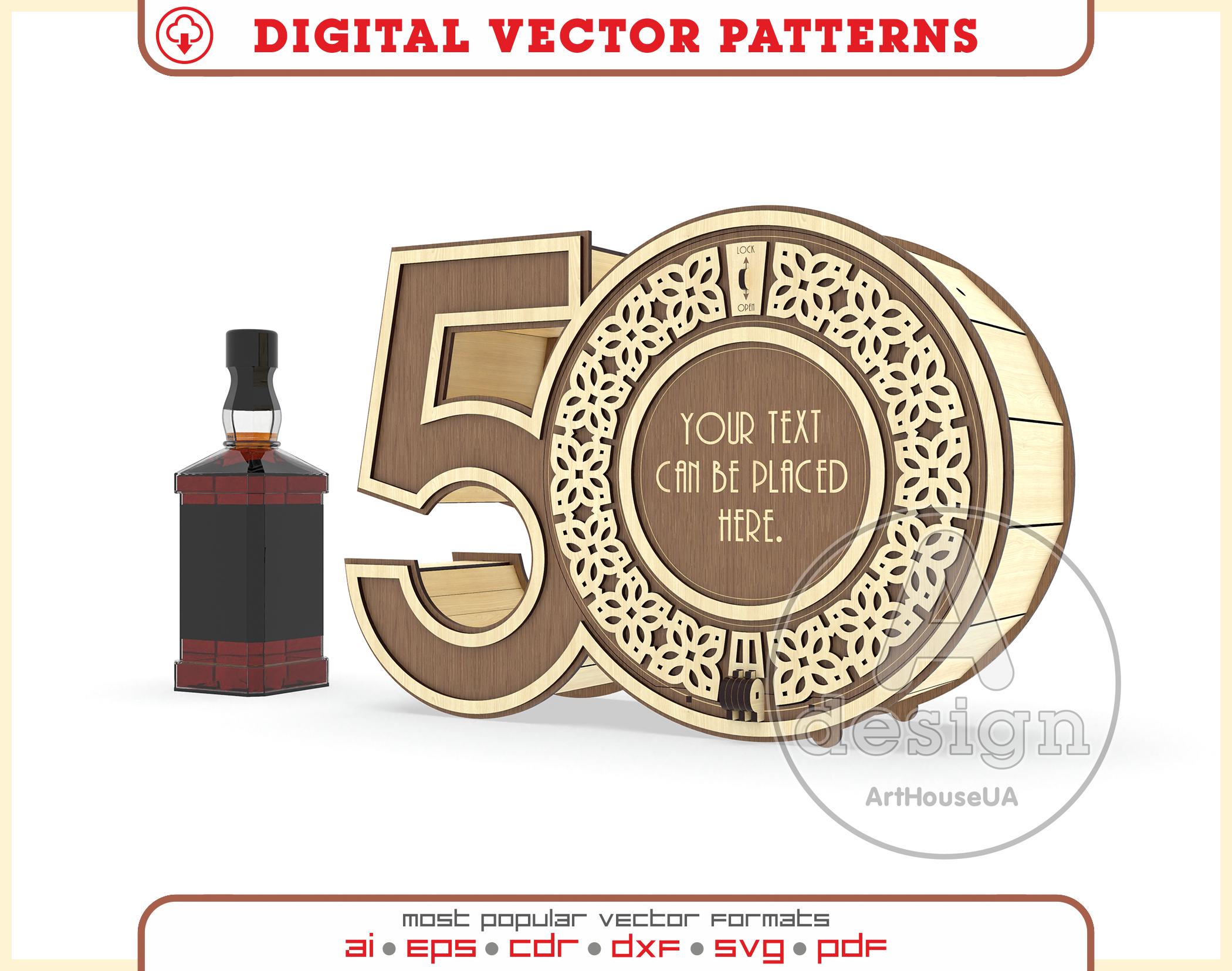50th anniversary gift box for bottles 0.7L or 0.5L laser cut vector file, 50th birthday gift box, 50th birthday decoration box file, Ver.102