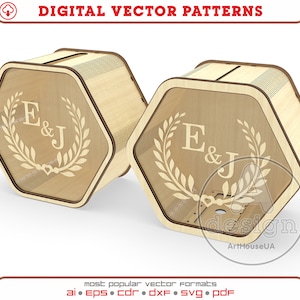Duas versões de arquivo SVG de vetor de caixa de cartão de casamento para corte a laser e usuário Glowforge, caixa de recepção de casamento, caixa de cartão de dinheiro hexagonal polígono de presente.