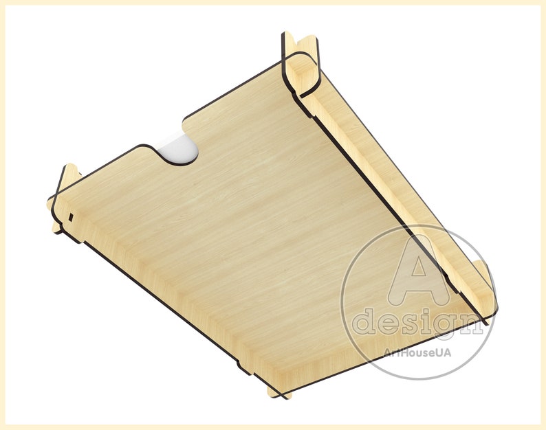 May include: A wooden box with a cutout for a card or photo. The box is made of light wood and has a black outline. The box is tilted at an angle, and the bottom of the box is visible. The text "A design" is printed on the box.
