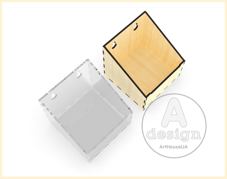 May include: Two empty boxes, one made of wood and one made of clear acrylic. Both boxes are square and have a similar shape. The wooden box has a black outline and the acrylic box has a white outline.