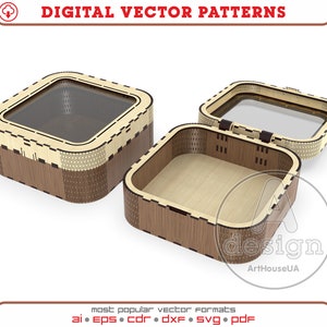 Vector listo para caja de madera para SVG de Glowforge, Archivo de caja de regalo, Vecto de corte láser de joyero, Caja con bisagras, Caja de compartimento de almacenamiento vector Dxf