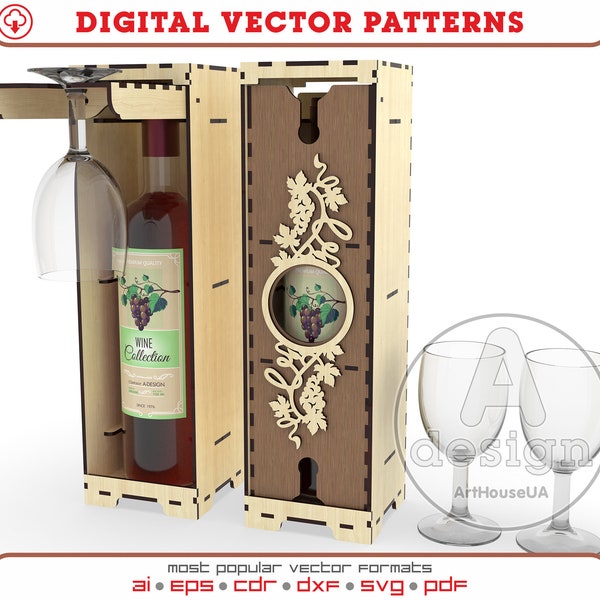 Archivo vectorial cortado con láser de caja de vino, Portabotellas de vino, Archivo SVG listo para láser de caja de vino, Caja de vino de madera contrachapada, Caja de línea de madera, Soporte para botellas, Ver.56