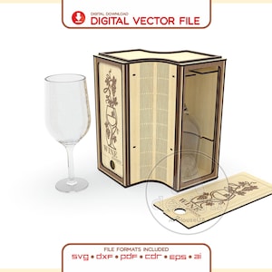 May include: A light-coloured wooden wine glass storage box with a curved front panel and a laser-cut design featuring a wine glass and grape vine motif with the text WINE GLASSES. A clear glass wine glass stands next to the box and a flat lid.