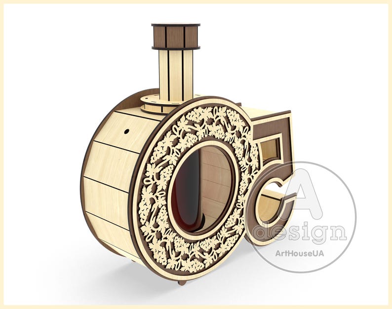 May include: Wooden wine bottle holder shaped like the number 50, with a decorative grapevine design. The holder has a slot for a bottle and a removable top.
