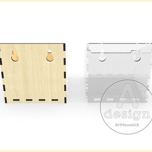 May include: A wooden and clear acrylic wall shelf with two holes for hanging. The shelf is designed to hold small items, such as plants or decorative objects.