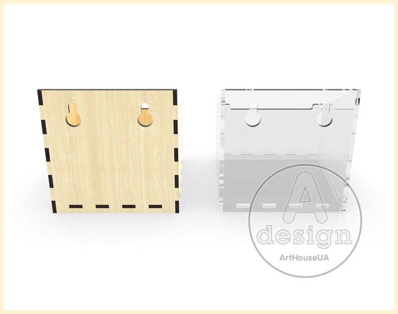 May include: A wooden and clear acrylic wall shelf with two holes for hanging. The shelf is designed to hold small items, such as plants or decorative objects.