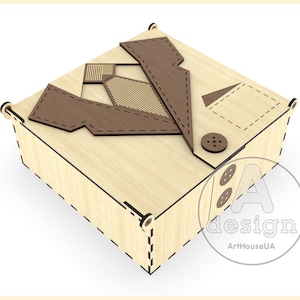 May include: A wooden box with a decorative design of a suit jacket, tie, and buttons. The box is made of light wood with brown accents. The text "A design ArtHouseUA" is printed on the bottom right corner of the box.
