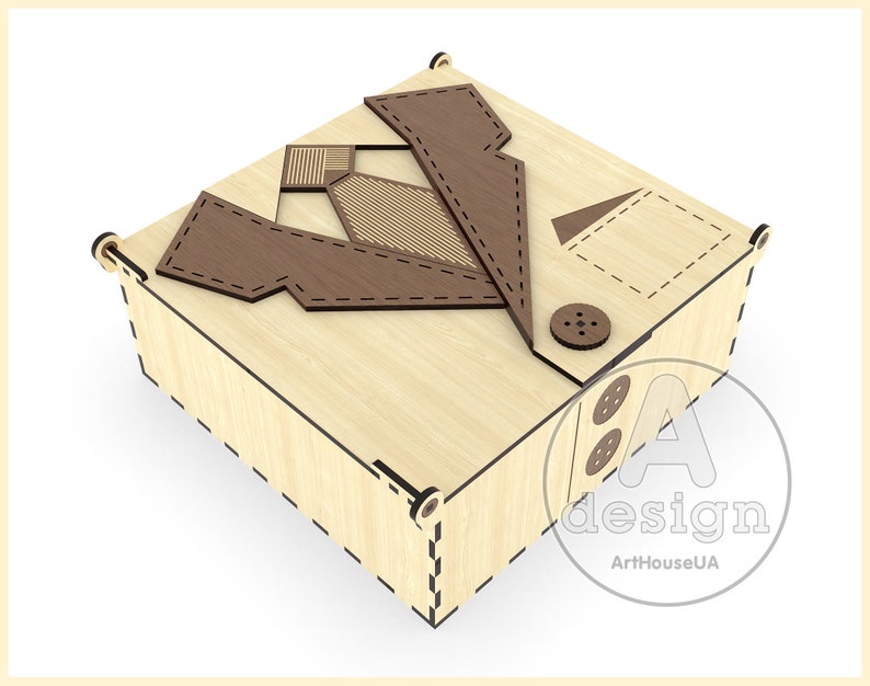 May include: A wooden box with a decorative design of a suit jacket, tie, and buttons. The box is made of light wood with brown accents. The text "A design ArtHouseUA" is printed on the bottom right corner of the box.