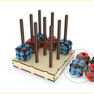 May include: A wooden game with blue and red patterned blocks that slide up and down on wooden rods. The game is on a wooden base and there are extra blocks off to the side.