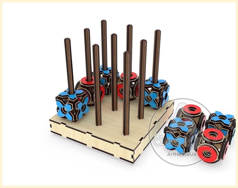 May include: A wooden game with blue and red patterned blocks that slide up and down on wooden rods. The game is on a wooden base and there are extra blocks off to the side.