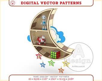 Vector de estante de luna, Luna, Soporte de teléfono, Soporte de tableta, Archivo de corte láser de estante de libro, Archivos Glowforge de soporte de libro, Archivos de soporte de luna Dxf,Svg,Cnc