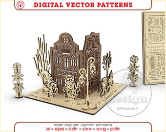 Christmas card 3D Puzzles laser cut vector file. Christmas greetings vector, Christmas souvenir card Glowforge SVG, Christmas decoration SVG